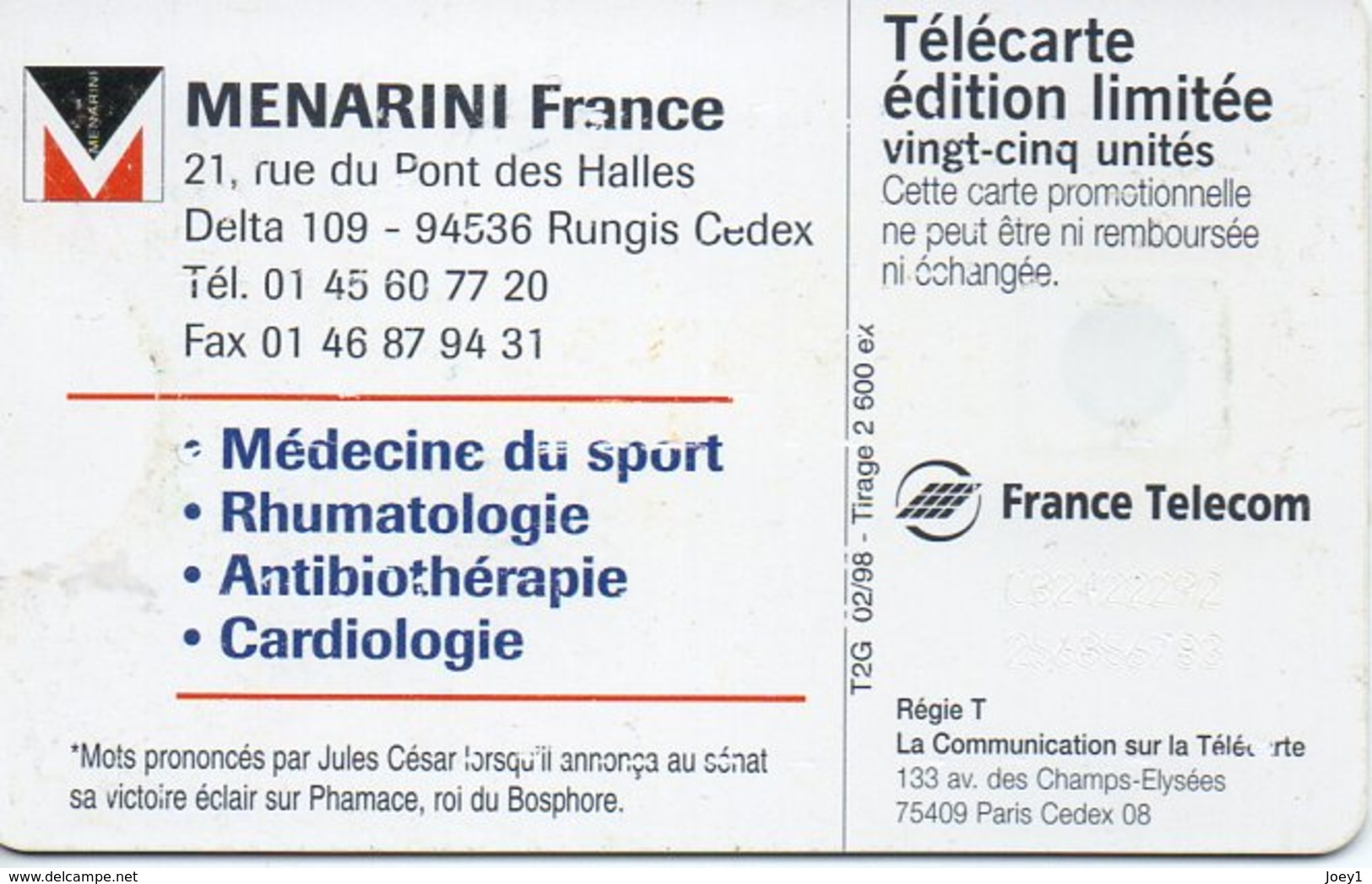 Télécarte Privée LABO MENARINI 2600 Ex 02/98 - Publicité