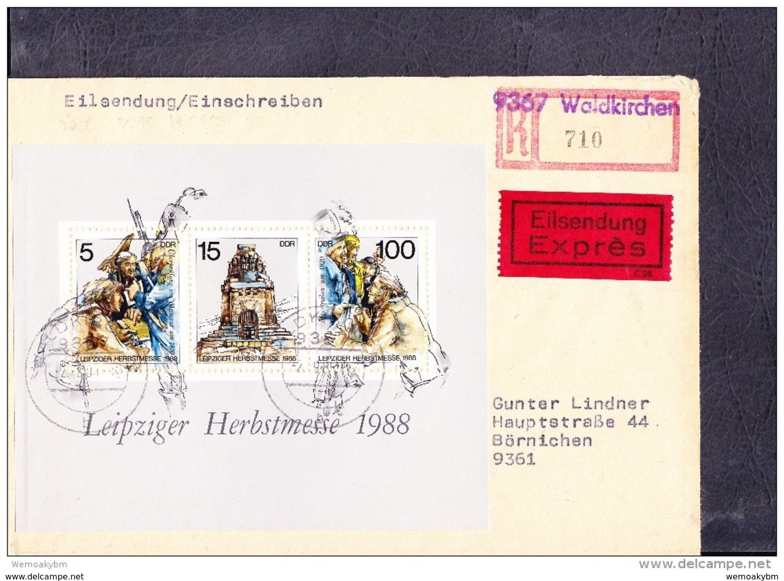 DDR: R-Eil-Fern-Brief  9367 WALDKIRCHEN Mit Aushilfs-R-Zettel (710) Zur Leipziger Herbstmesse 1988  Knr: Block 95 - Labels For Registered Mail