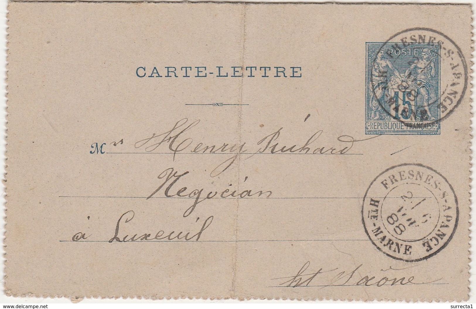 1888 / Carte Lettre Type Sage 15c / N° 90 / Vincent Fresnes-sur-Apance 52 / Haute-Marne/ à Luxeuil 70 / Récolte De Vin - Cartes-lettres