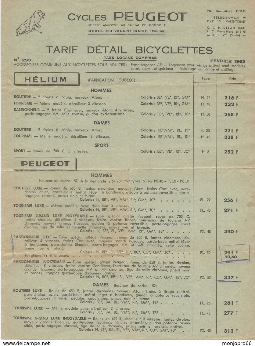 Document Recto Verso Des Cycles PEUGEOT De Beaulieu Valentigney Dans Le Doubs Et De 1965 - 1950 - ...