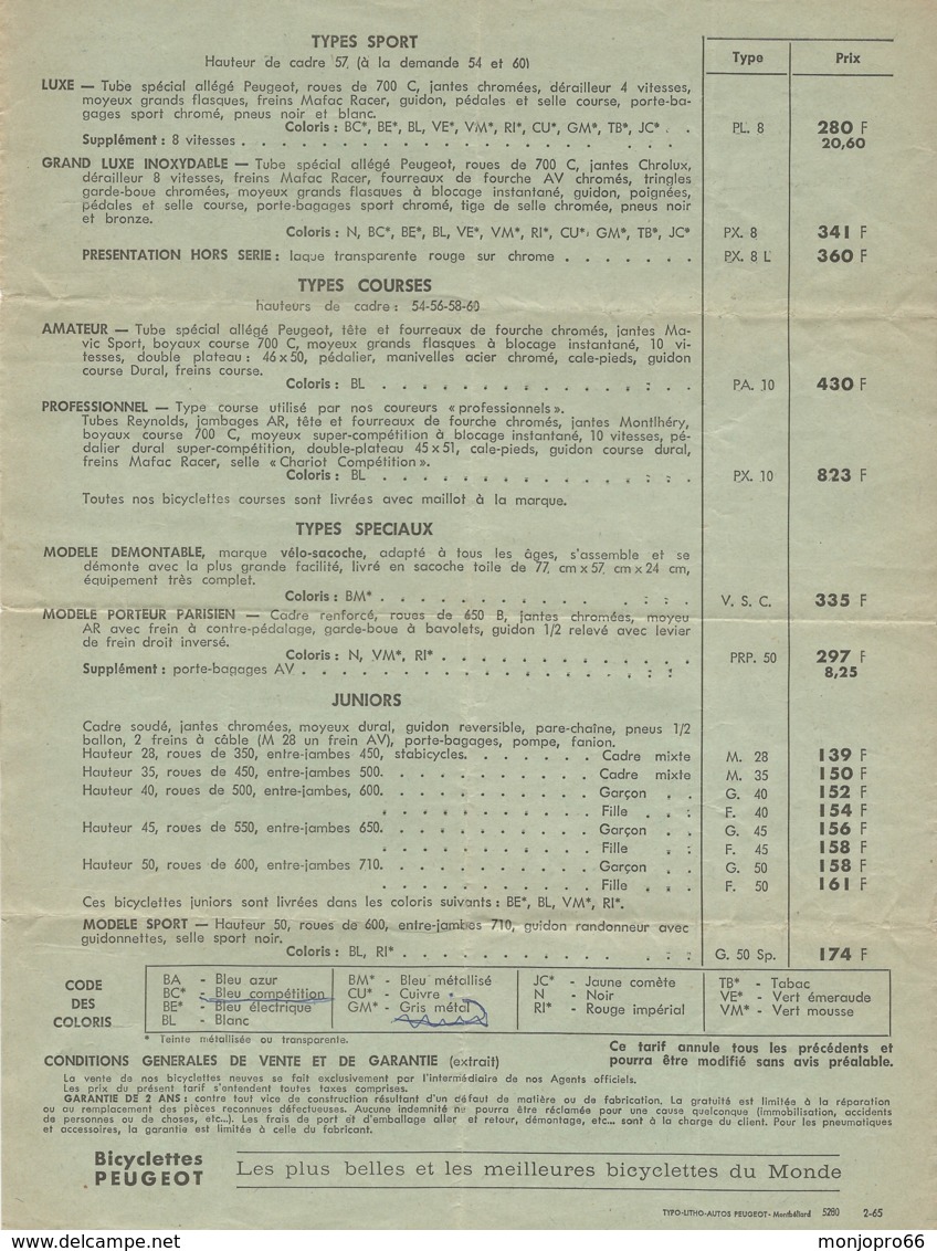 Document Recto Verso Des Cycles PEUGEOT De Beaulieu Valentigney Dans Le Doubs Et De 1965 - 1950 - ...