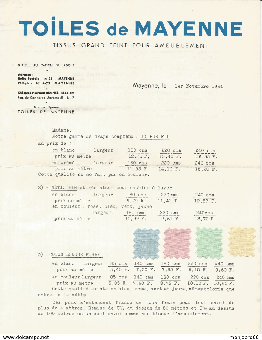 Document Des Tarifs Des Toiles De Mayenne Et De 1964 - 1950 - ...