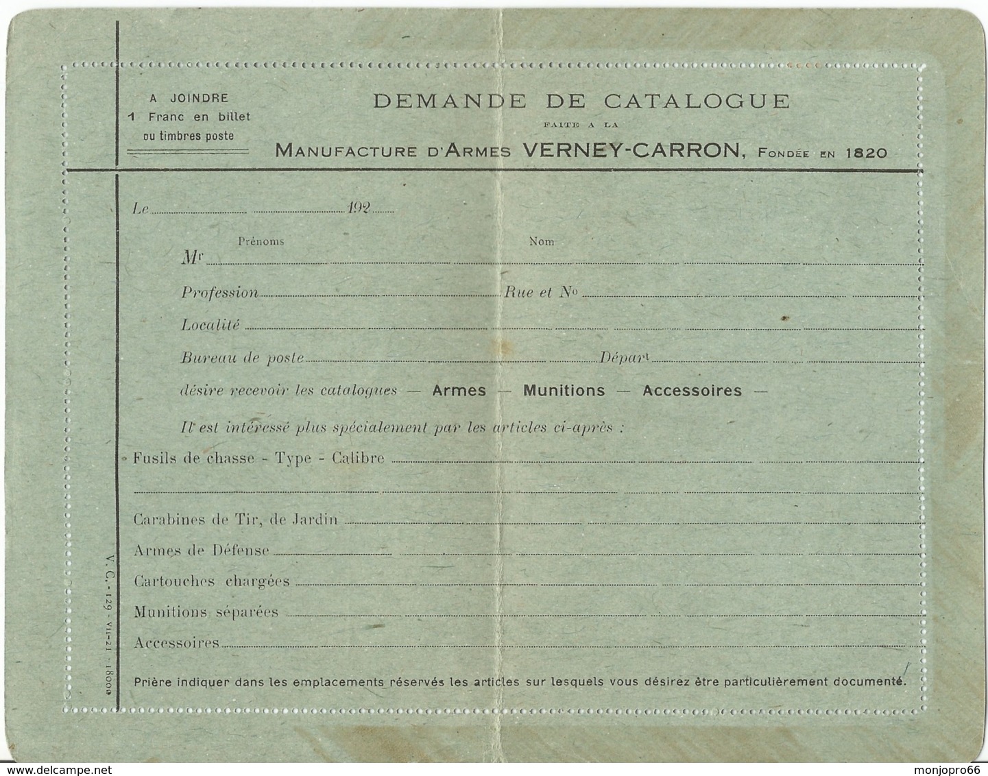 Document De La Manufacture D’Armes VERNEY CARRON De Saint Etienne - Autres & Non Classés