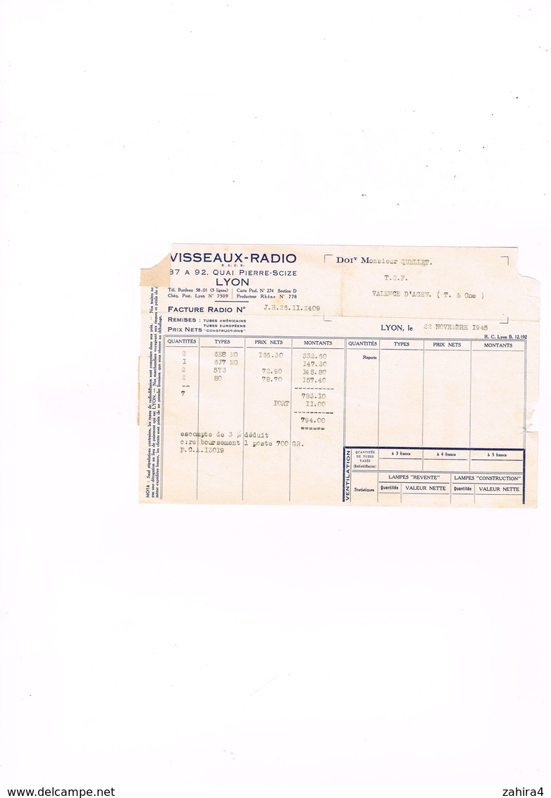 En Temps De Restriction - Visseaux-Radio Lyon - Tubes Américains Européens Constructions - 1 Facture De 7 Tubes ? - Pli - 1900 – 1949
