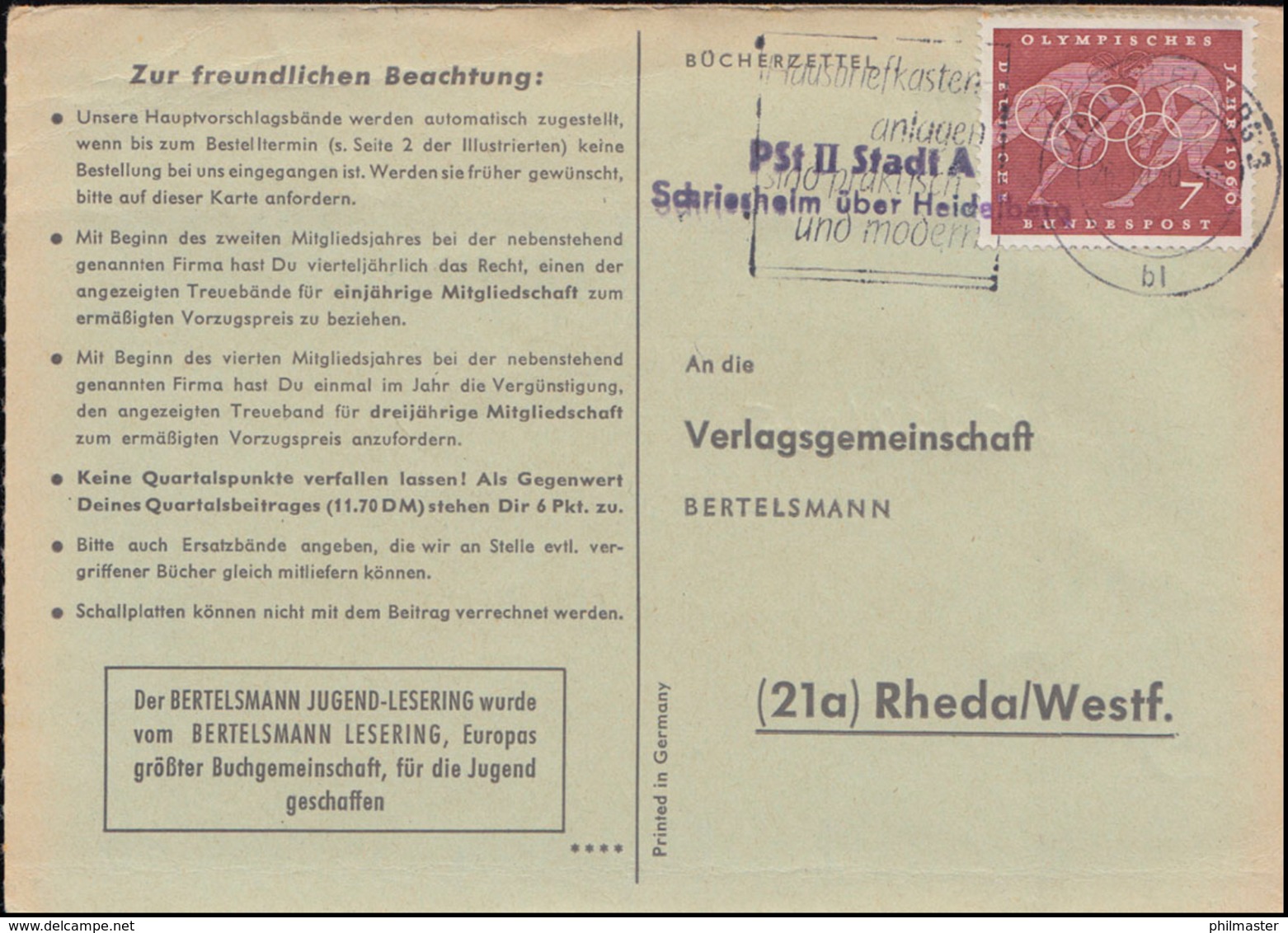 Landpost Pst II Stadt A Schriesheim über HEIDELBERG 26.10.1960 Auf Postkarte - Autres & Non Classés