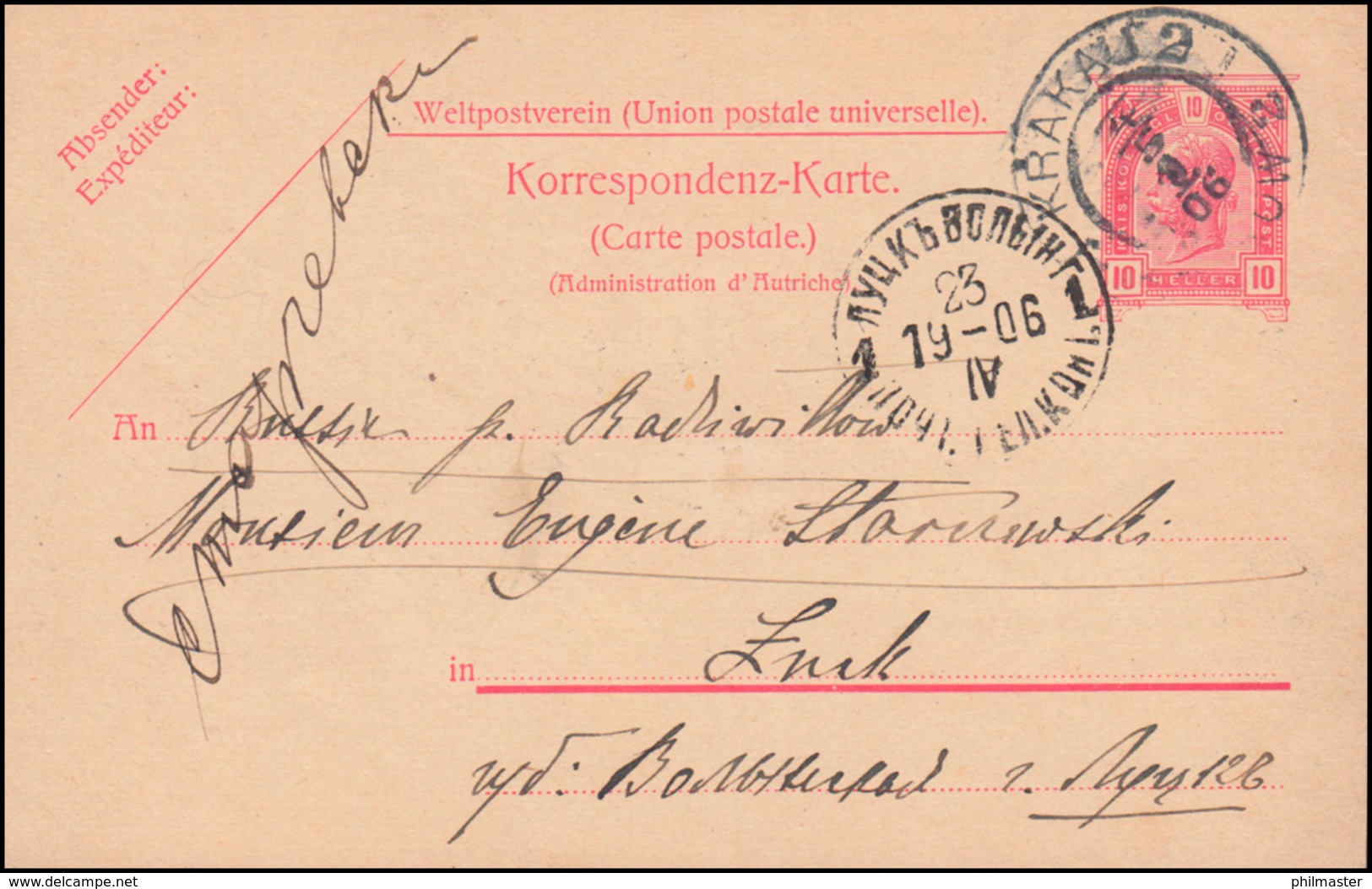 Österreich Postkarte P 149A Antwortteil Aus KRAKAU / KRAKOW 4.5.1906 Nach Luzk - Sonstige & Ohne Zuordnung