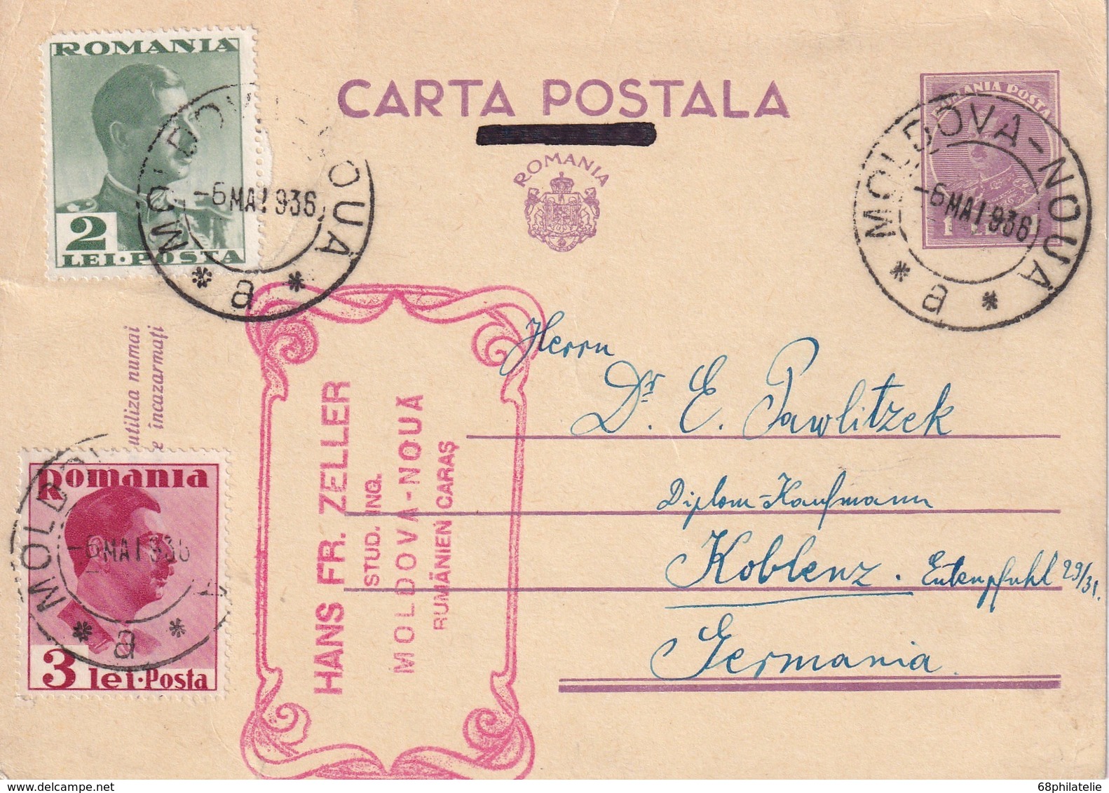 ROUMANIE 1936      ENTIER POSTAL  /GANZSACHE/POSTAL STATIONERY CARTE DE MOLDOVA-NOUA - Entiers Postaux