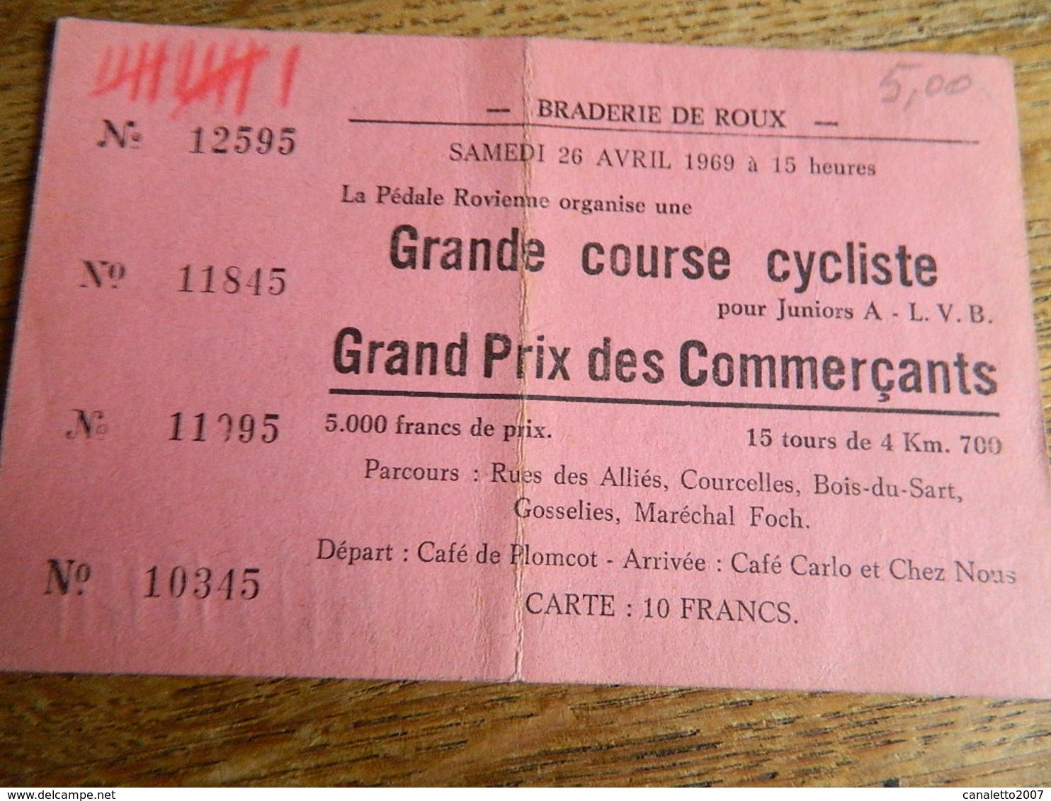 ROUX: BRADERIE DU SAMEDI 26 AVRIL 1969 COURSE CYCLISTE POUR JUNIOR A -LVB - Cyclisme