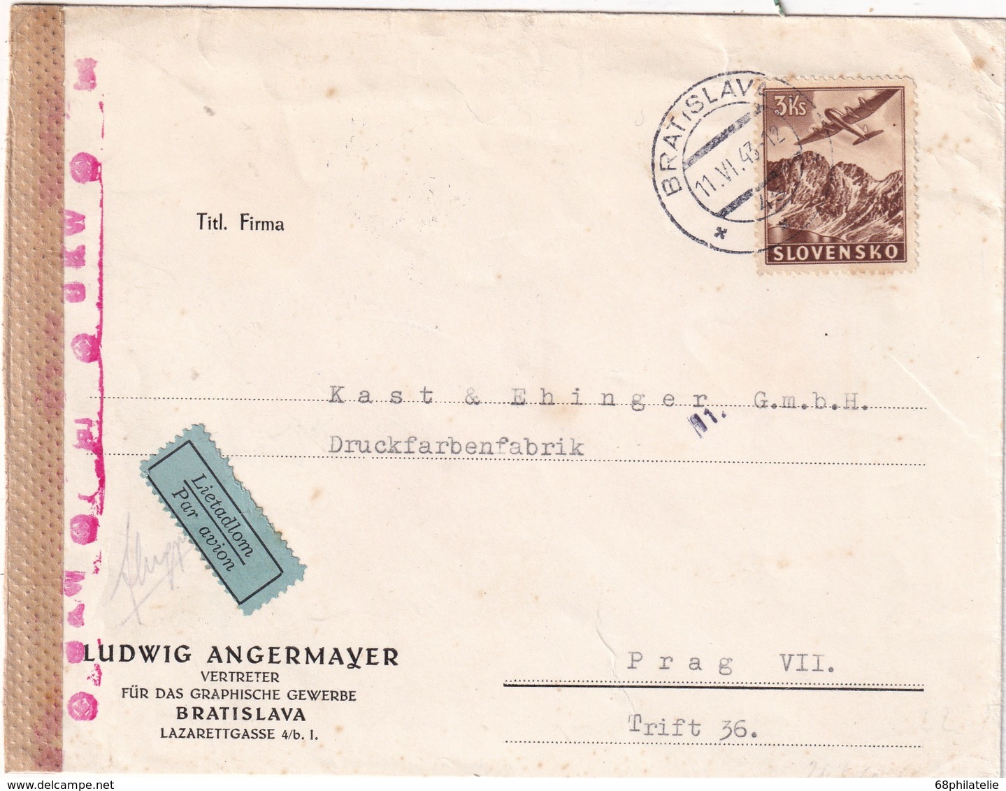 SLOVAQUIE 1943 PLI AERIEN CENSURE DE BRATISLAVA - Lettres & Documents