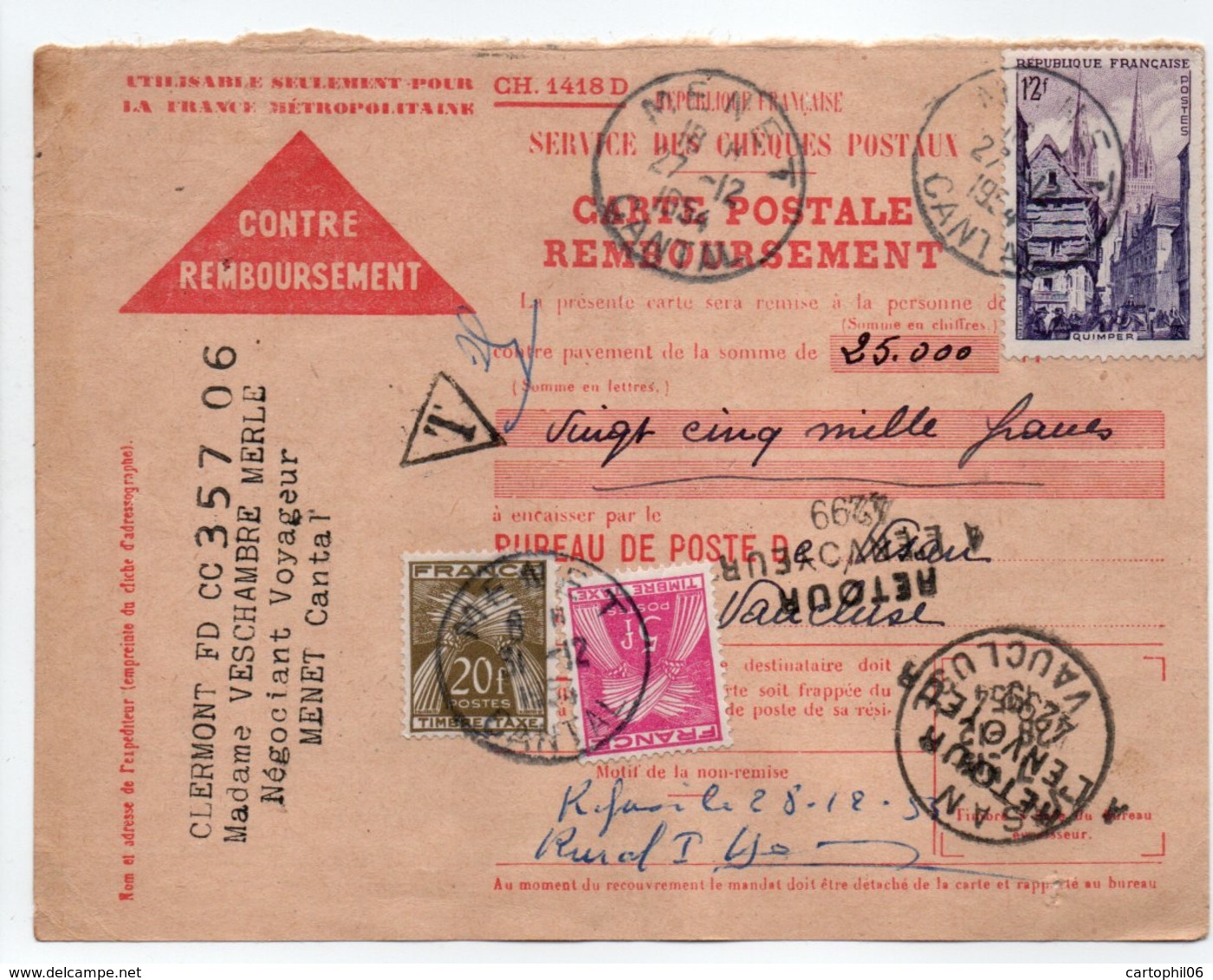 - CARTE POSTALE REMBOURSEMENT MENET (Cantal) Pour VISAN (Vaucluse) 27.12.1954 - TAXÉE 20 F. + 5 F. Type Gerbes - - 1859-1959 Lettres & Documents