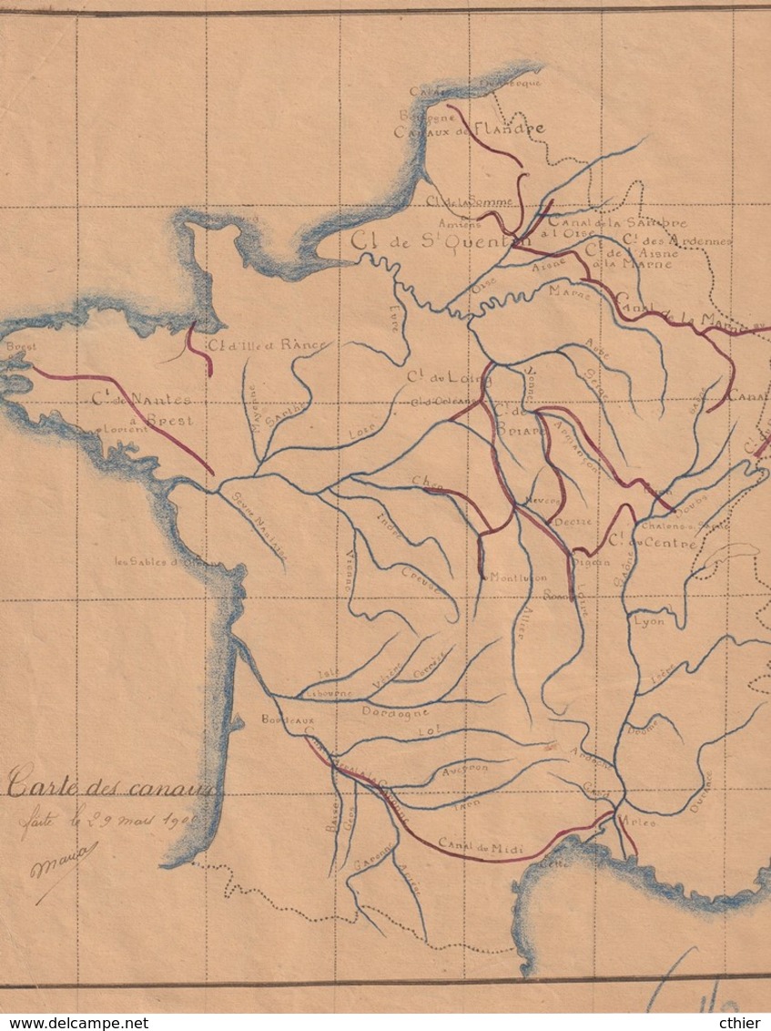 DESSIN ENCRE DE CHINE - CARTE DE FRANCE CHEMINS DE FER ET CANAUX - Dessins