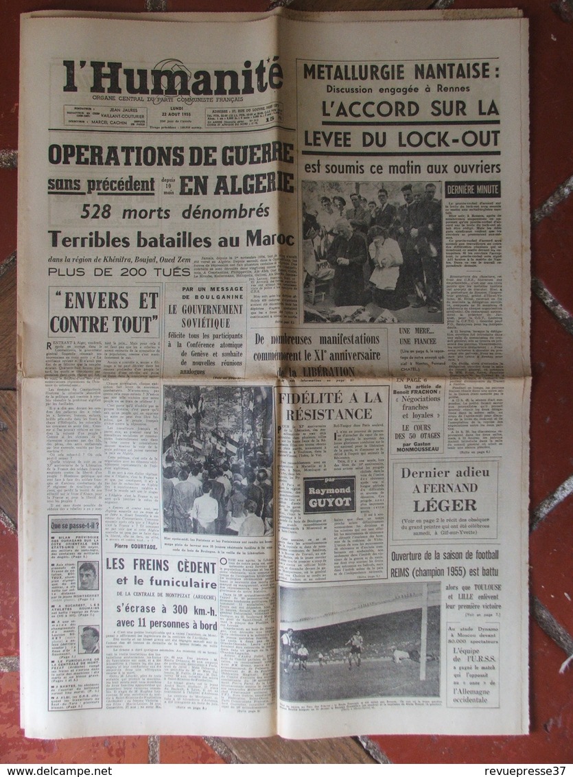 Journal L'Humanité (22 Août 1955) Opérations De Guerre En Algérie - Metallurgie Nantaise - Fernand Léger - 1950 à Nos Jours