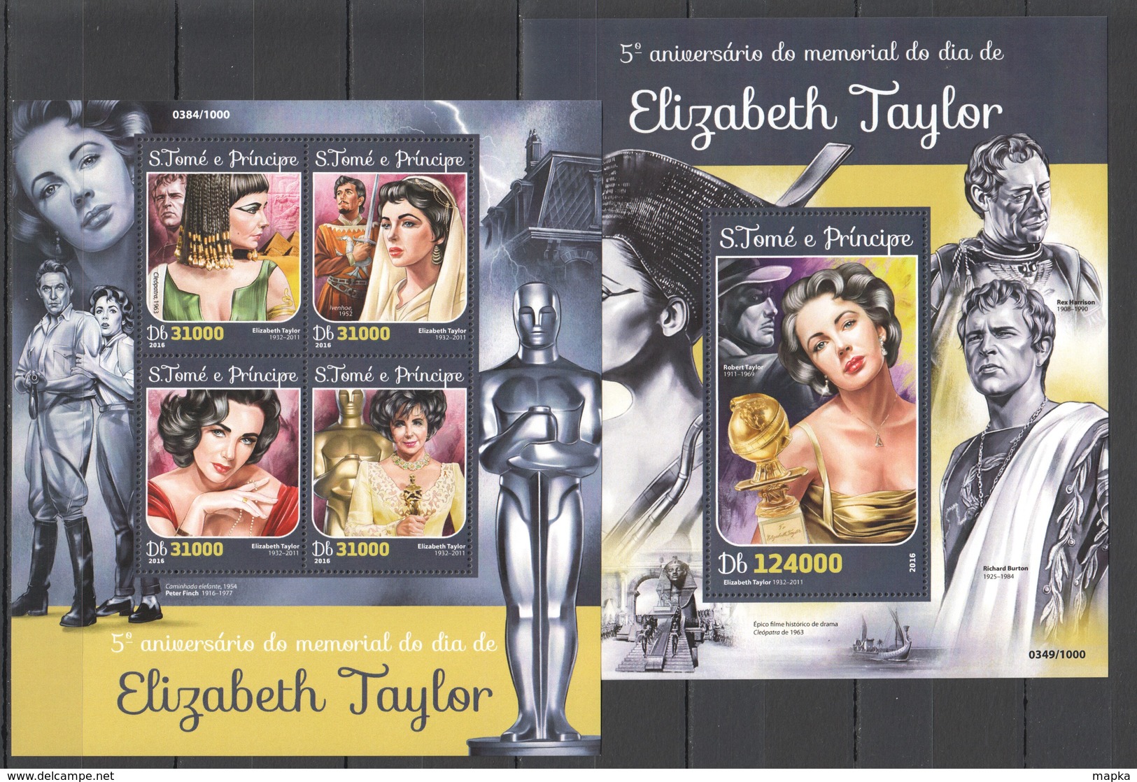 SS405 2016 S. TOME E PRINCIPE FAMOUS PEOPLE ELIZABETH TAYLOR 1KB+1BL MNH - Acteurs