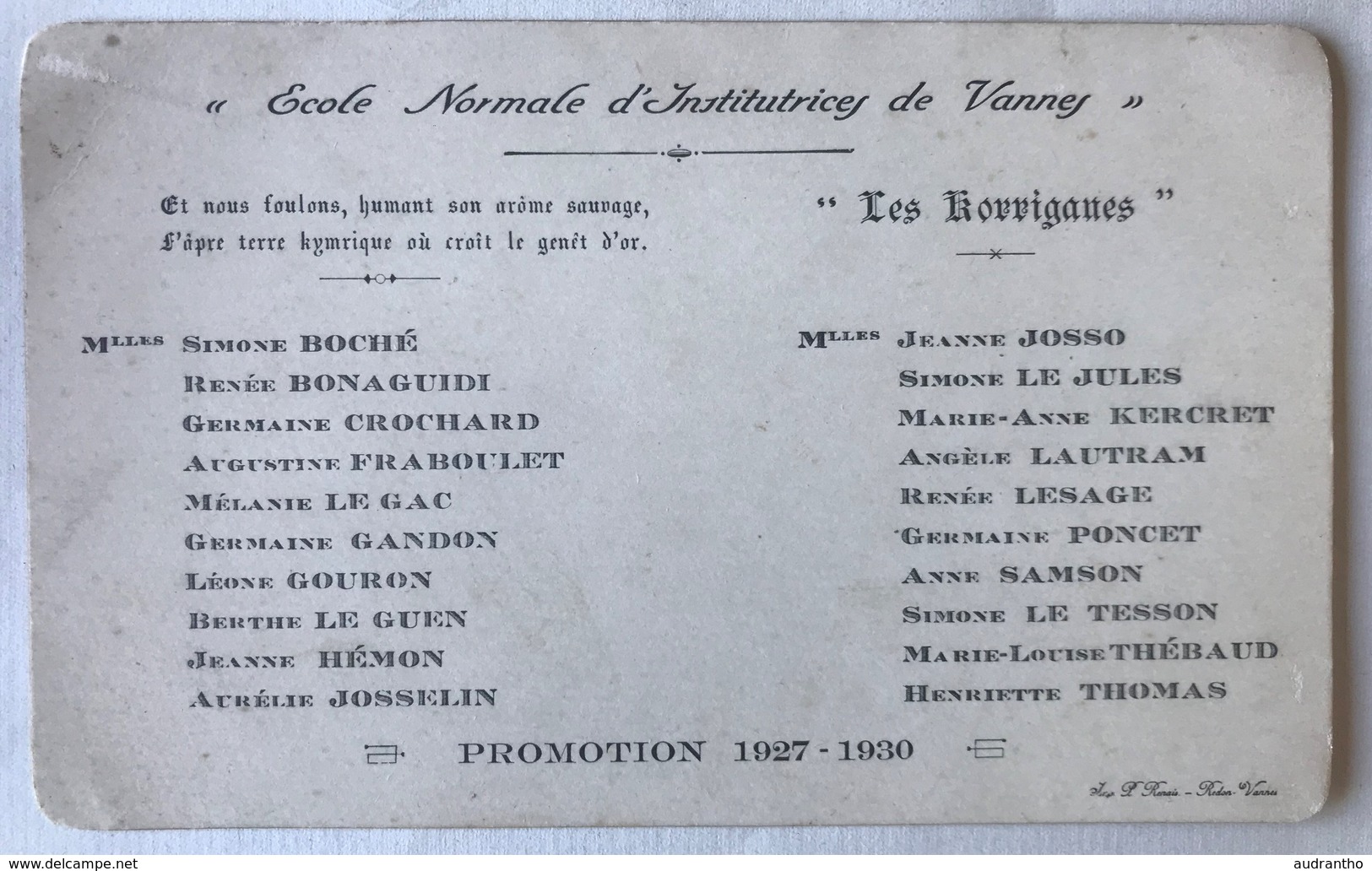 Carte Promotion 1927-1930 école Normale D'institutrices Vannes Les Korriganes Simone Boché Renée Bonaguidi - Diplômes & Bulletins Scolaires
