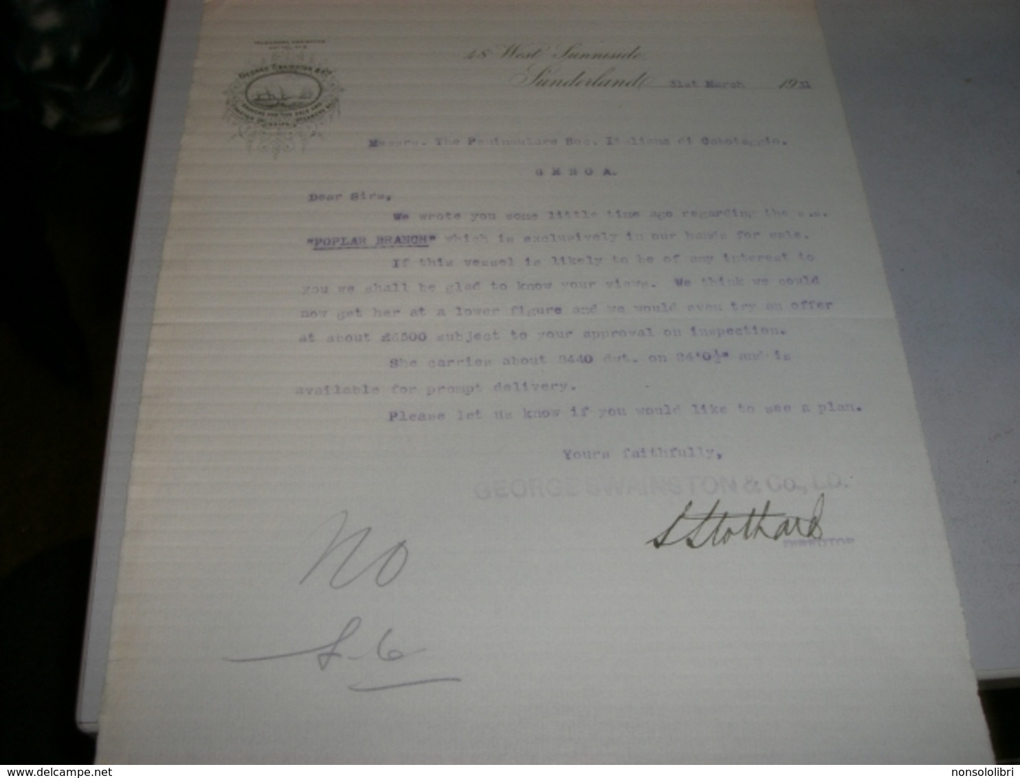 DOCUMENTO GEORGE SWAINSTON & CO. BROKERS FOR THE SALE 1931 - Stati Uniti