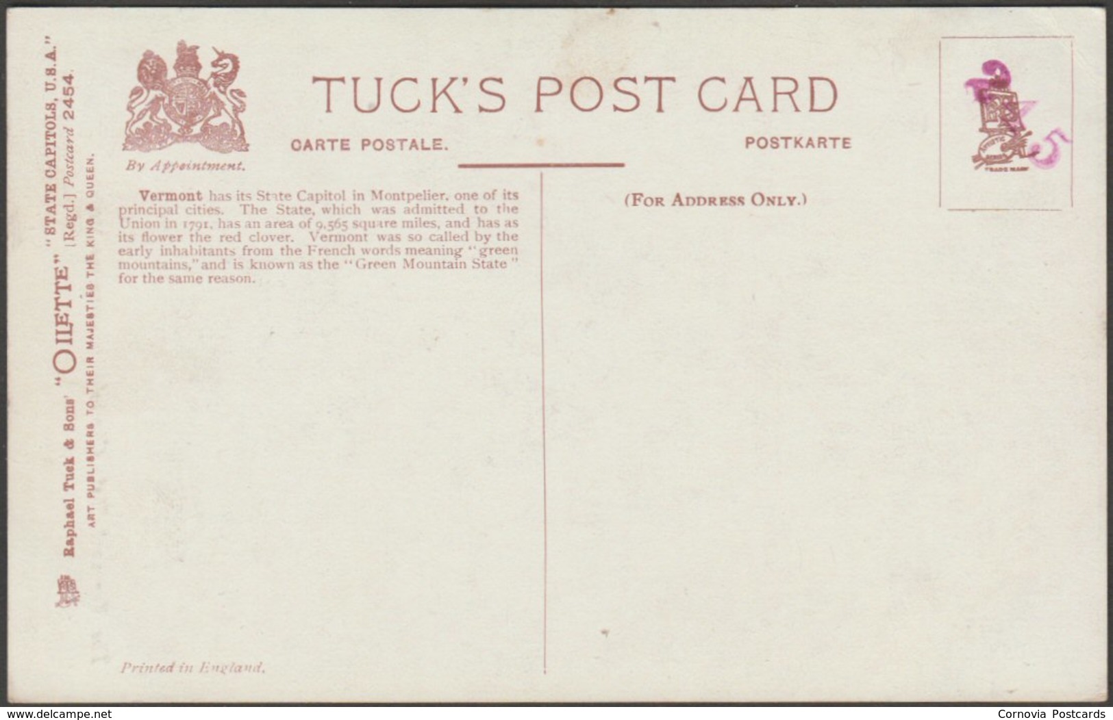 State Capitol, Montpelier, Vermont, C.1905-10 - Tuck's Oilette Postcard - Montpelier
