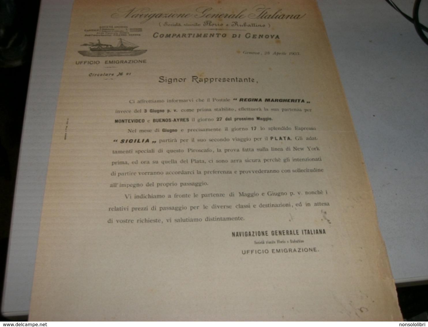 DOCUMENTO DITTA NAVIGAZIONE GENERALE ITALIANA COMPARTIMENTO DI GENOVA 1903 - Italia