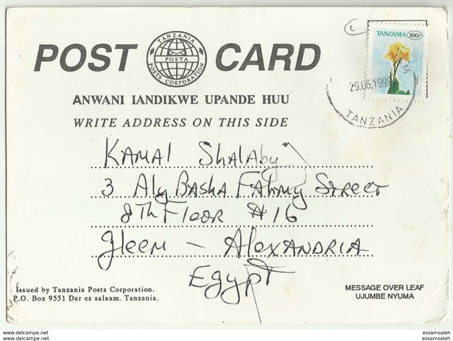 TZS18501 Tanzania 1999 Advertising Postcard Franking Roses / Addreesd Egypt - Tansania (1964-...)