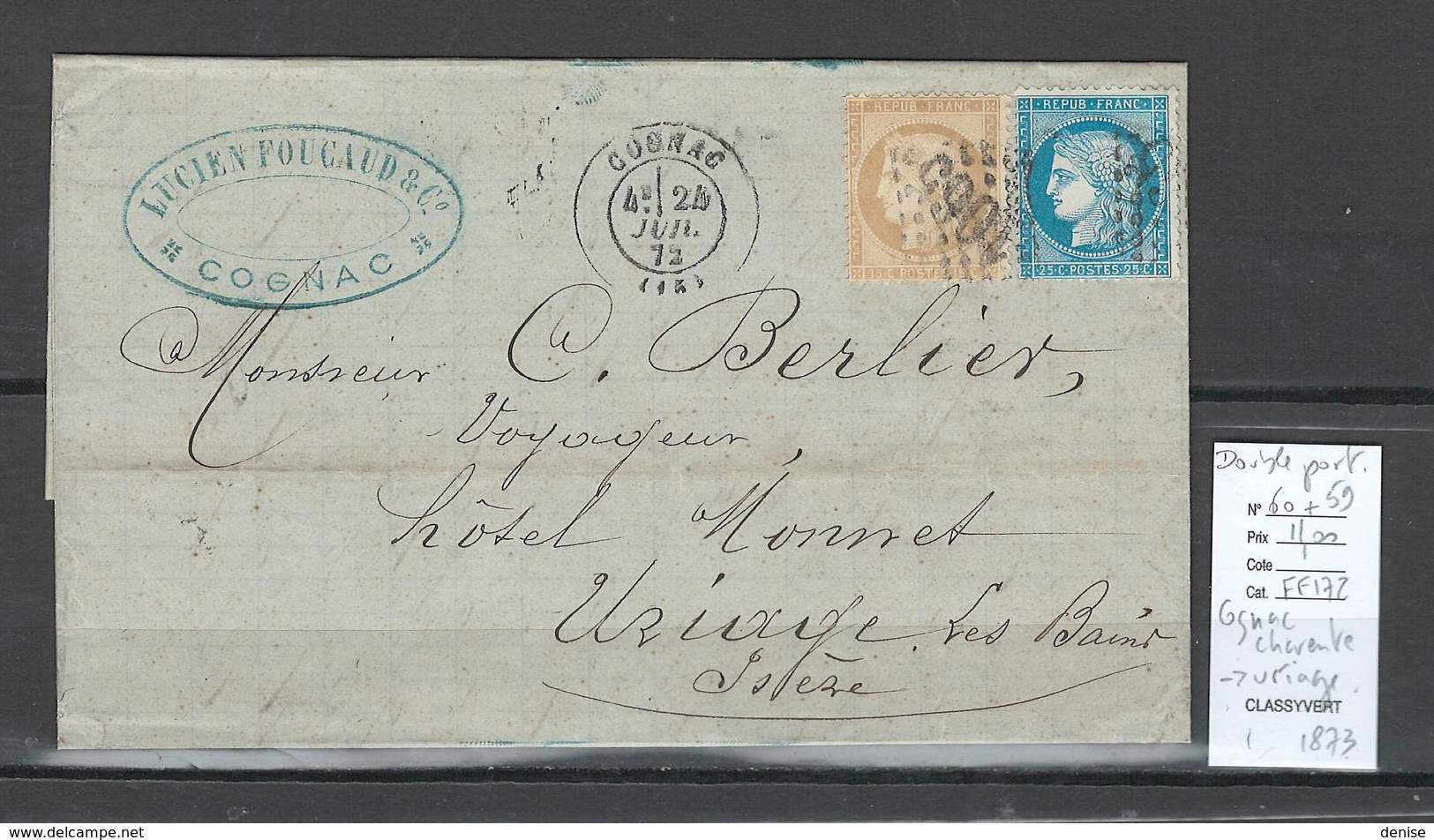 France - Lettre De Cognac - Charente Pour Uriage - 1873 - 1849-1876: Période Classique