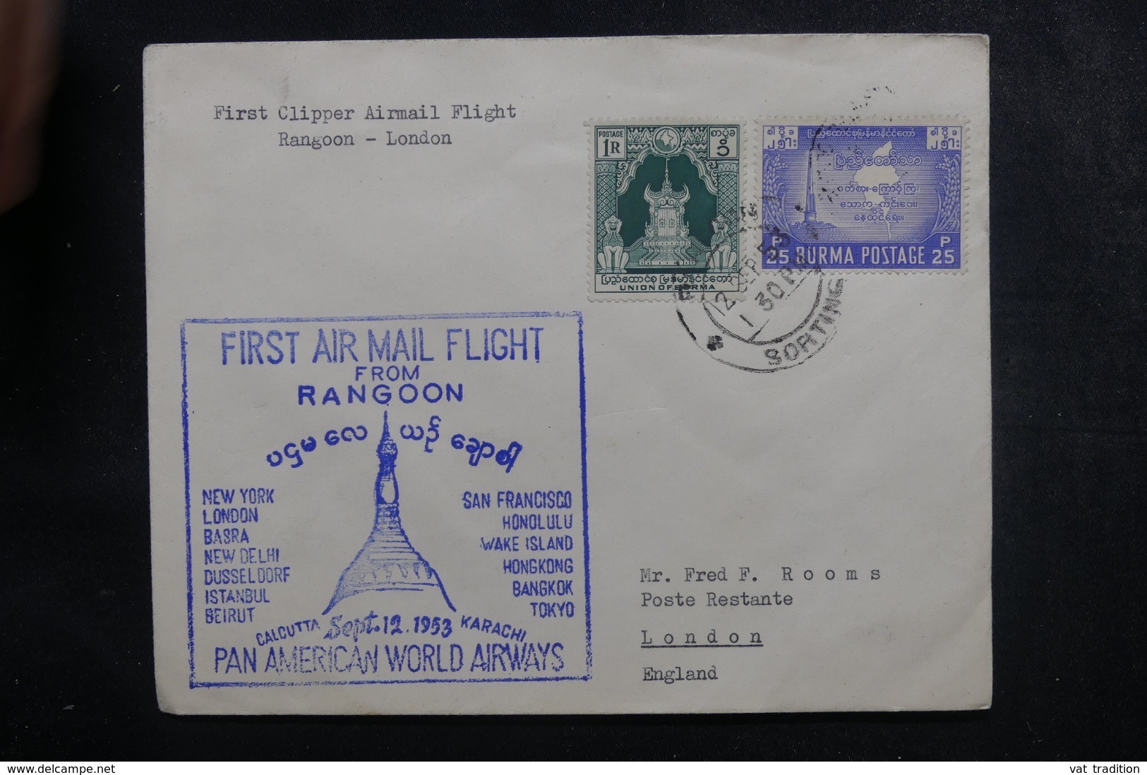 BIRMANIE - Enveloppe 1er Vol Rangoon / Londres En 1953, Affranchissement Et Cachet Plaisants - L 44870 - Myanmar (Birmanie 1948-...)