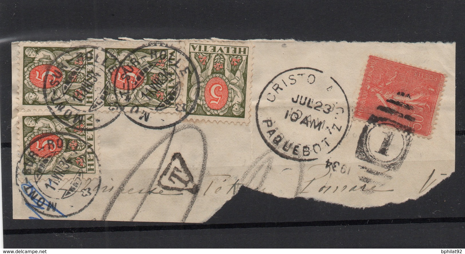 !!! 50C SEMEUSE LIGNEE SUR FRAGMENT, OBLIT CRISTOBAL PAQUEBOT 1934 + TAXES SUISSES - Gebruikt