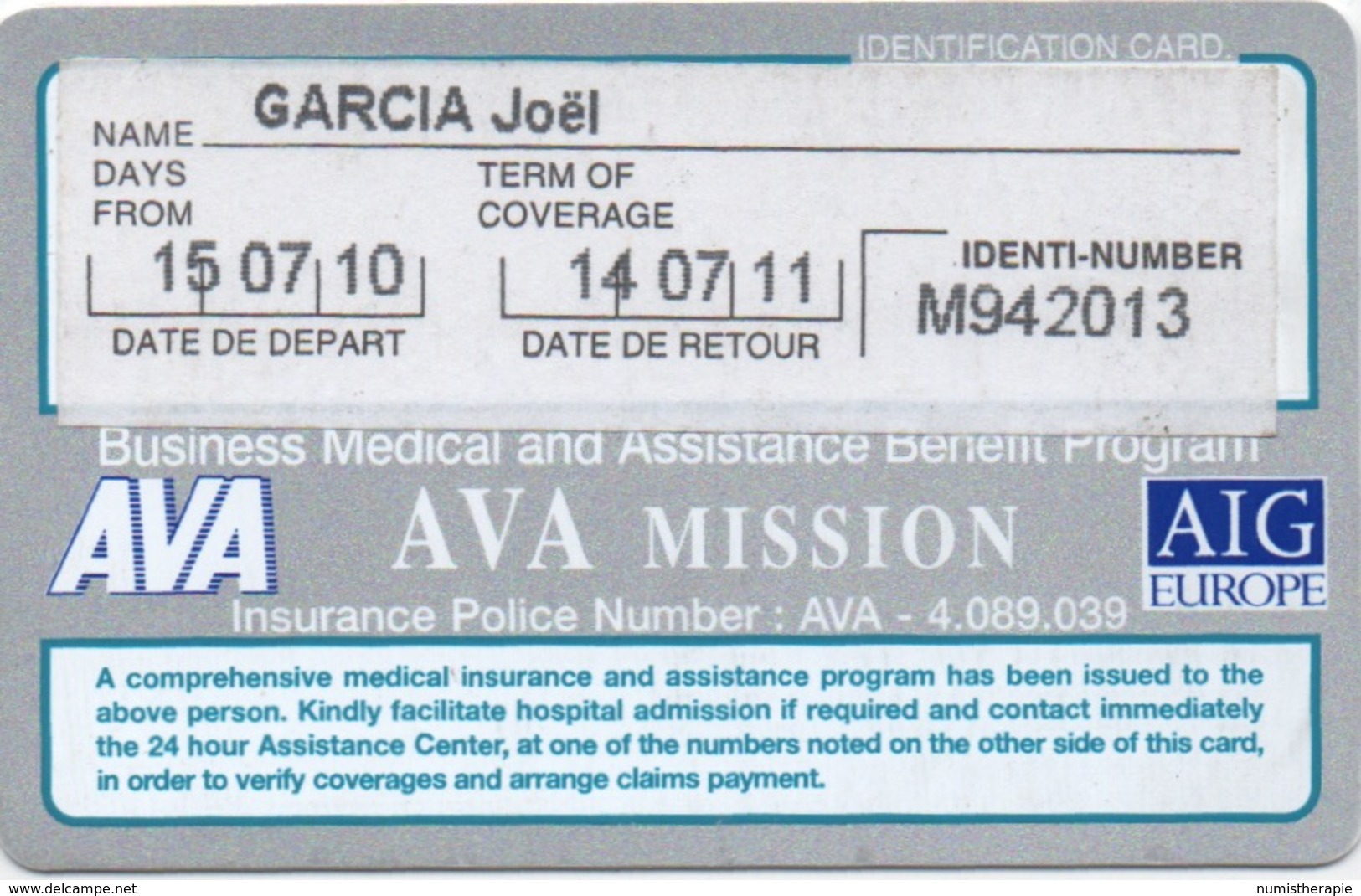 Carte En Carton Assistance Médicale AVA - Autres & Non Classés