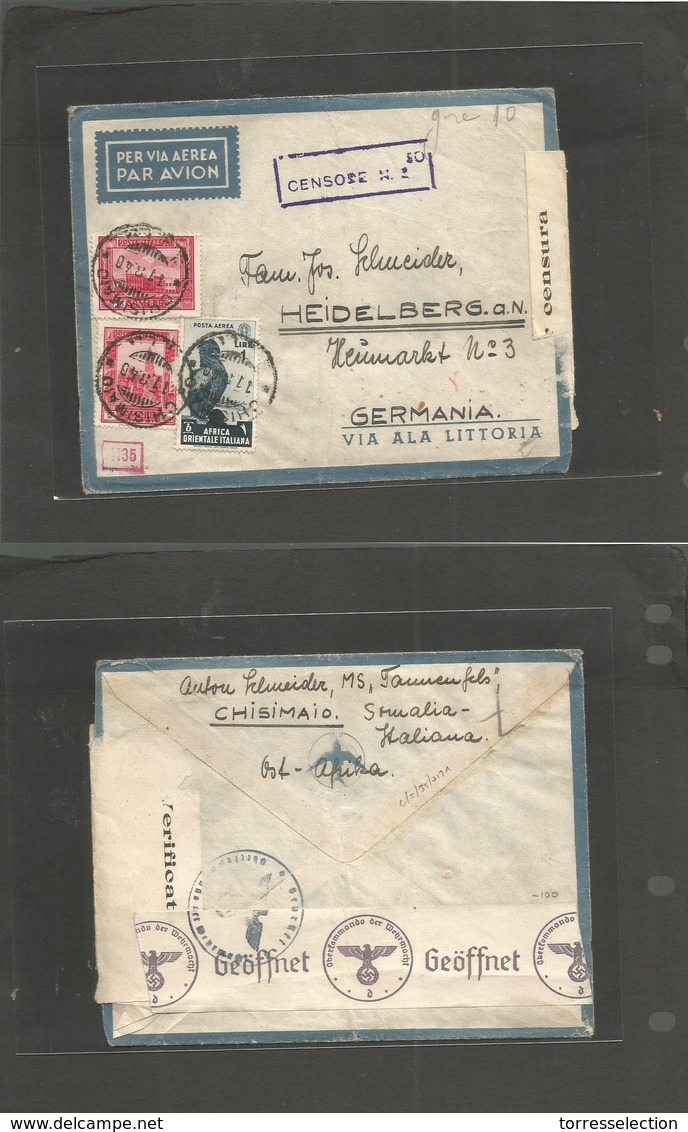 ITALIAN Colonies. 1940 (11 Aug) Somalia, Chisimaio - Heidelberg, Germany. Air Multifkd Env + Italian Somalian + Nazi Cen - Non Classificati