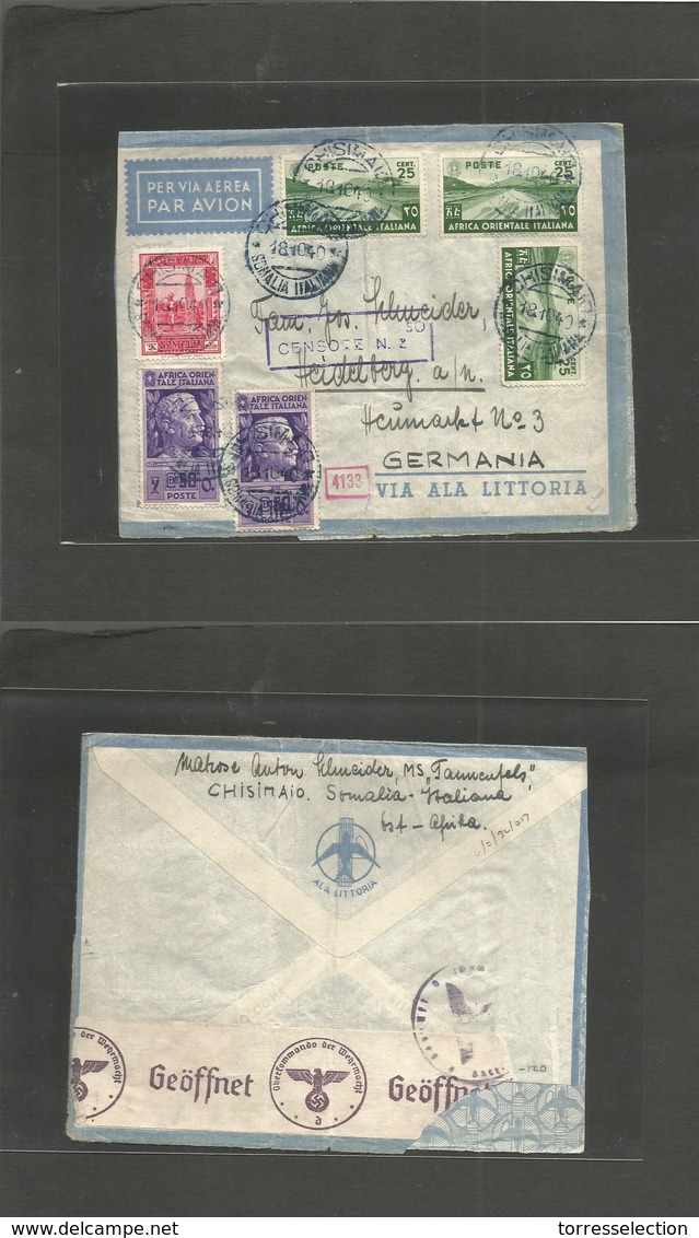 ITALIAN Colonies. 1940 (18 Oct) Somalia, Chisiamo - Germany, Heidelberg. Air Multifkd Env. Somalian + Nazi Censorships. - Non Classificati