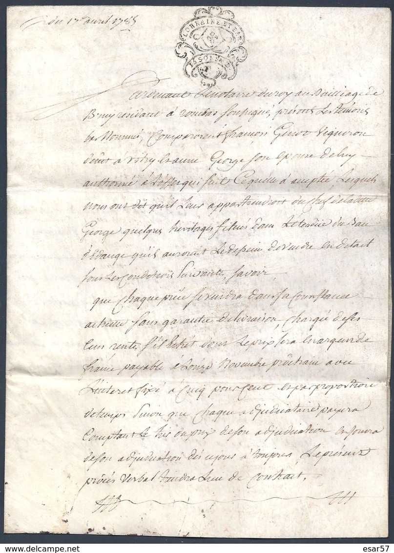 Véritable Parchemin Manuscrit Acte Notarié Du 17 Avril 1785 Moselle Beau Cachet ( Timbre Fiscal ) - Manuscrits