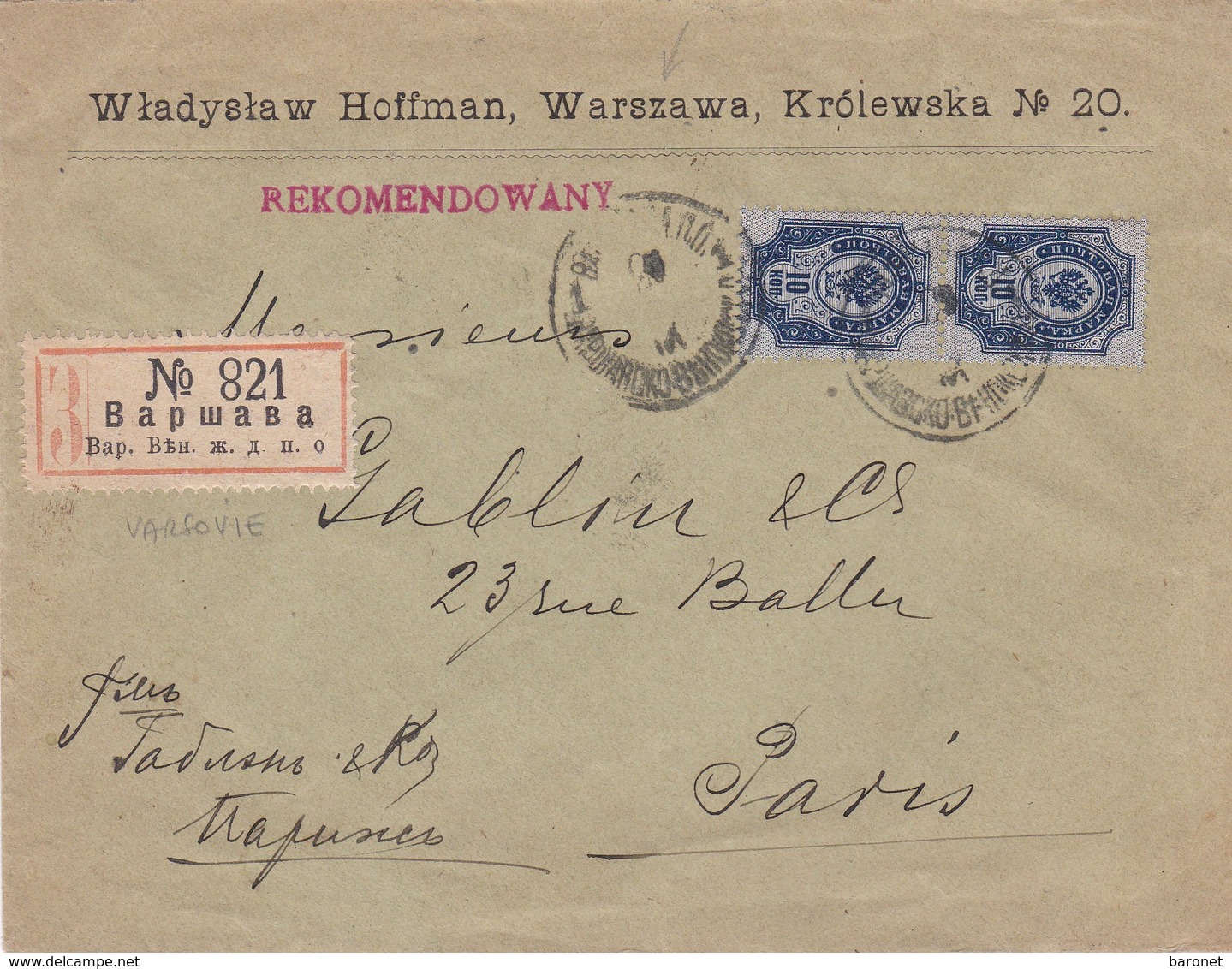 Env Recommandée En Tête Hoffman Warsawa ( Varsovie ) T.P. Ob 1903 - Storia Postale