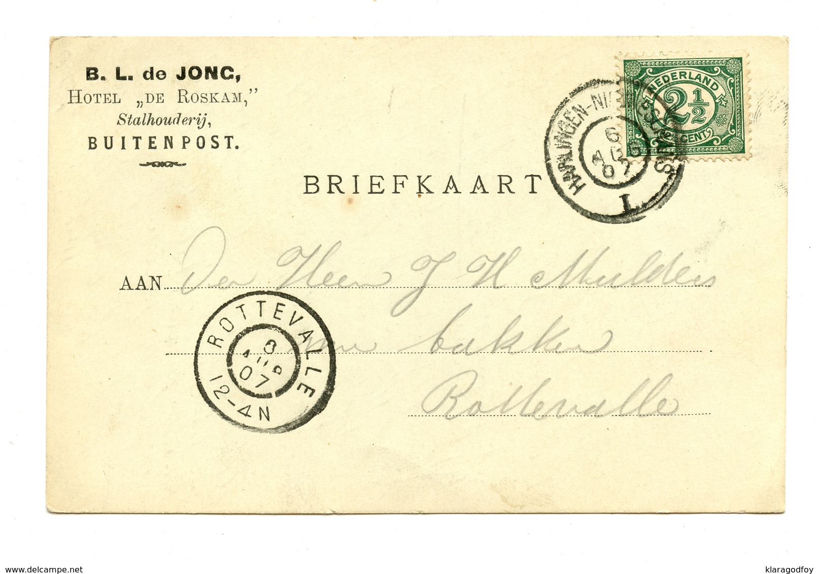 Netherlands B.L. Jonc Hotel "De Roskam" Company Postcard Posted 1907 B200220 - Lettres & Documents