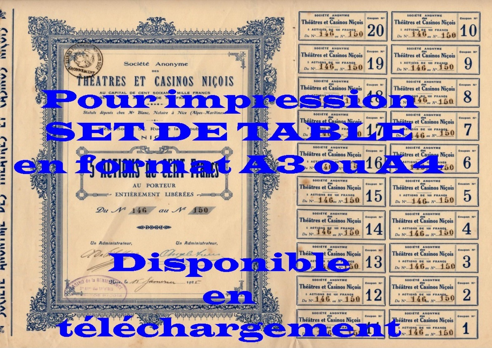 SCAN 300ppp - Action Ancienne THEATRES ET CASINOS NICOIS - 5 Parts De 100F Au Porteur - Autres & Non Classés