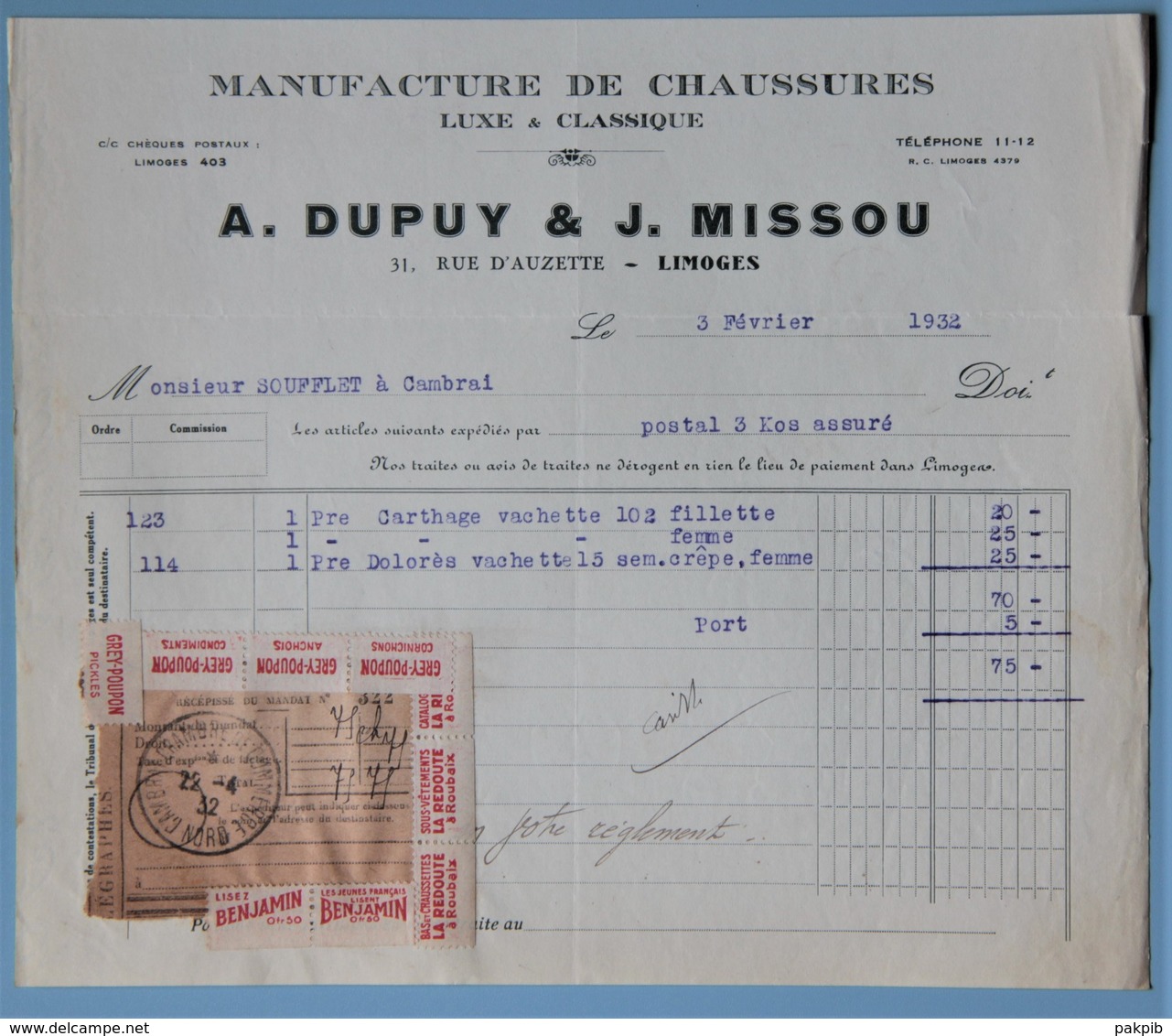 FACTURE 87 LIMOGES RUE D'AUZETTE MANUFACTURE DE CHAUSSURES DUPUY ET MISSOU ANNEE 1932 - Textile & Vestimentaire