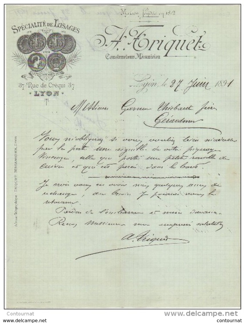 69 LYON FACTURE 1891 Spécialité De TISSAGES A. TRIQUET    - H2 - 1800 – 1899