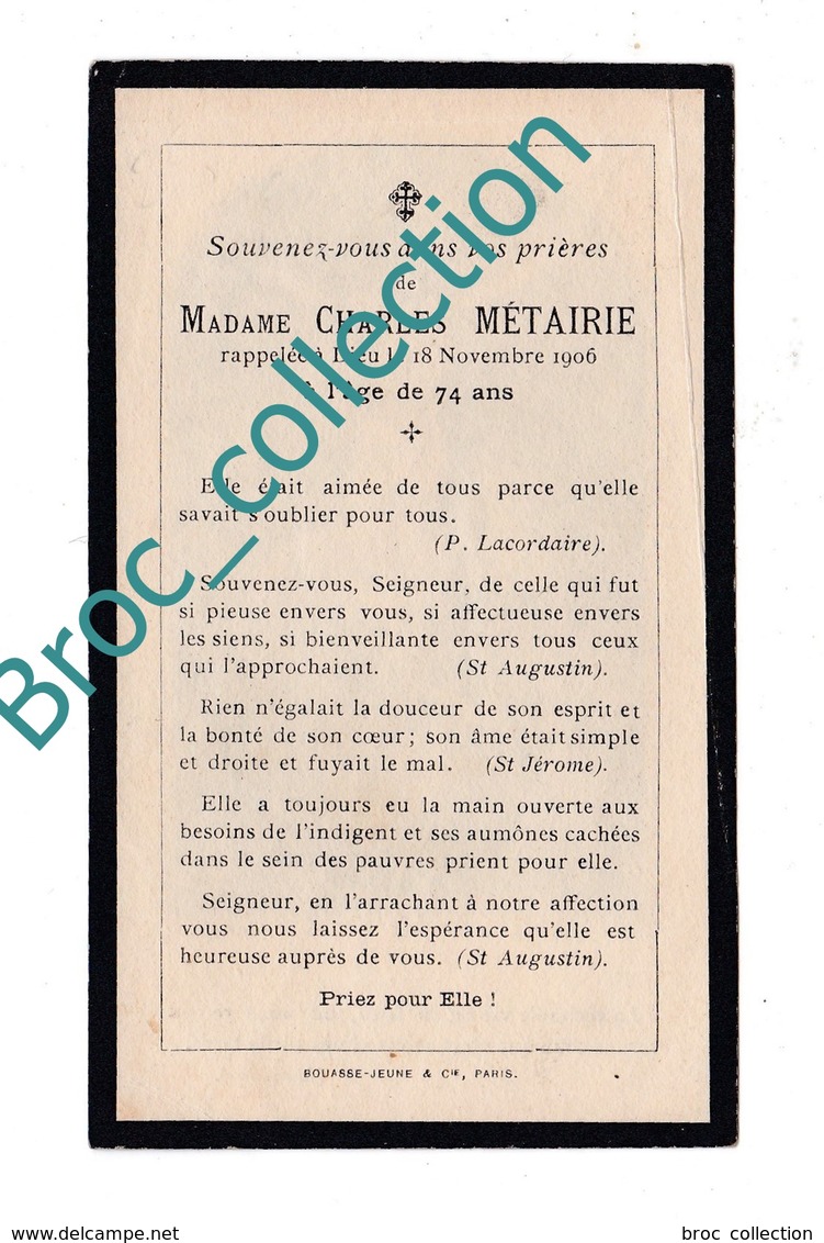 Mémento De Mme Charles Métaire, 18/11/1906, 74 Ans, Souvenir Mortuaire à Localiser, Décès, Deuil - Images Religieuses