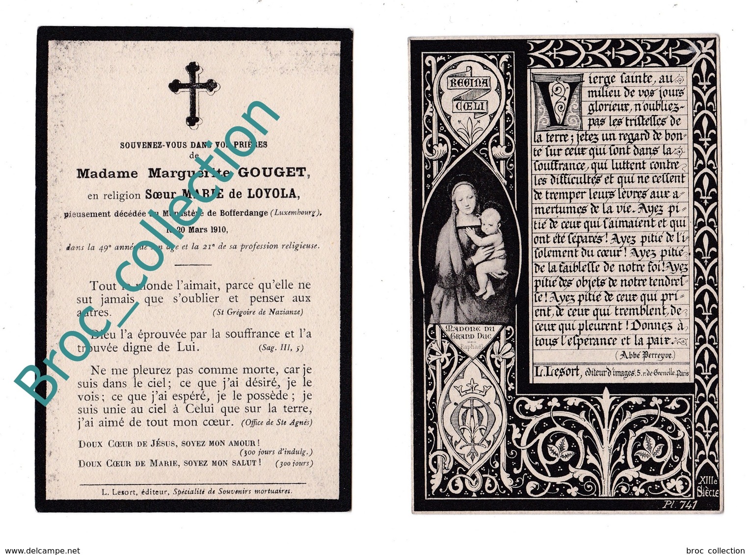 Bofferdange, Mémento De Marguerite Gouget, Soeur Marie De Loyola, 20/03/1910, 48 Ans, Religieuse, Décès, Deuil - Images Religieuses