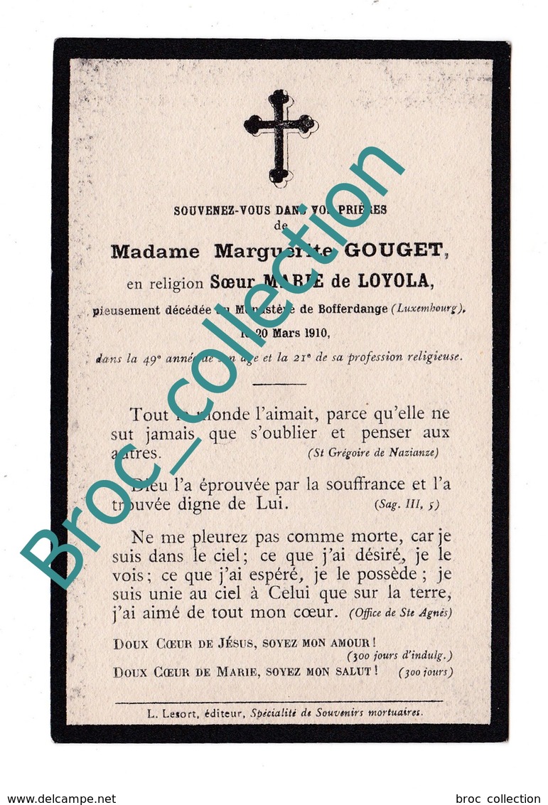 Bofferdange, Mémento De Marguerite Gouget, Soeur Marie De Loyola, 20/03/1910, 48 Ans, Religieuse, Décès, Deuil - Santini