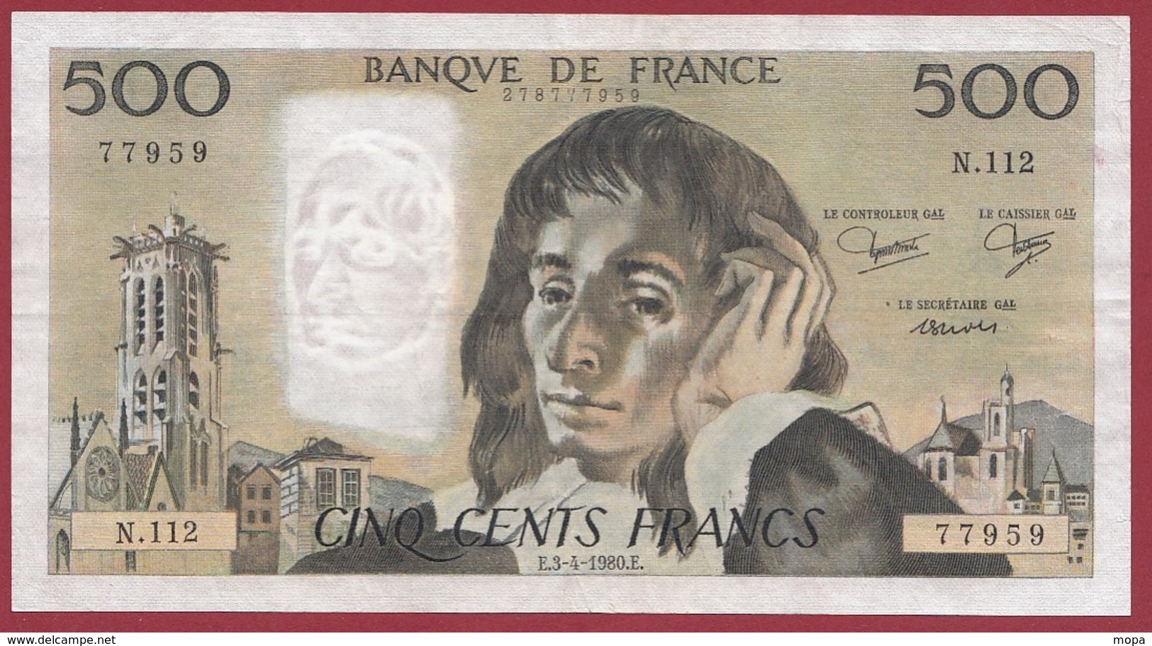 500 Francs "Pascal" Du 03/04/1980.F----TTB+--ALPH.N.112 - 500 F 1968-1993 ''Pascal''