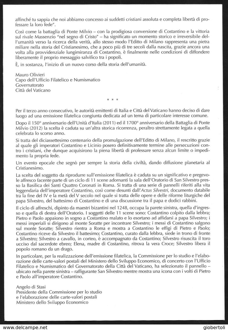 Italia/Italie/Italy: Bollettino Informativo Delle Poste, Editto Di Milano, Edict Of Milan, Édit De Milan - Cristianesimo