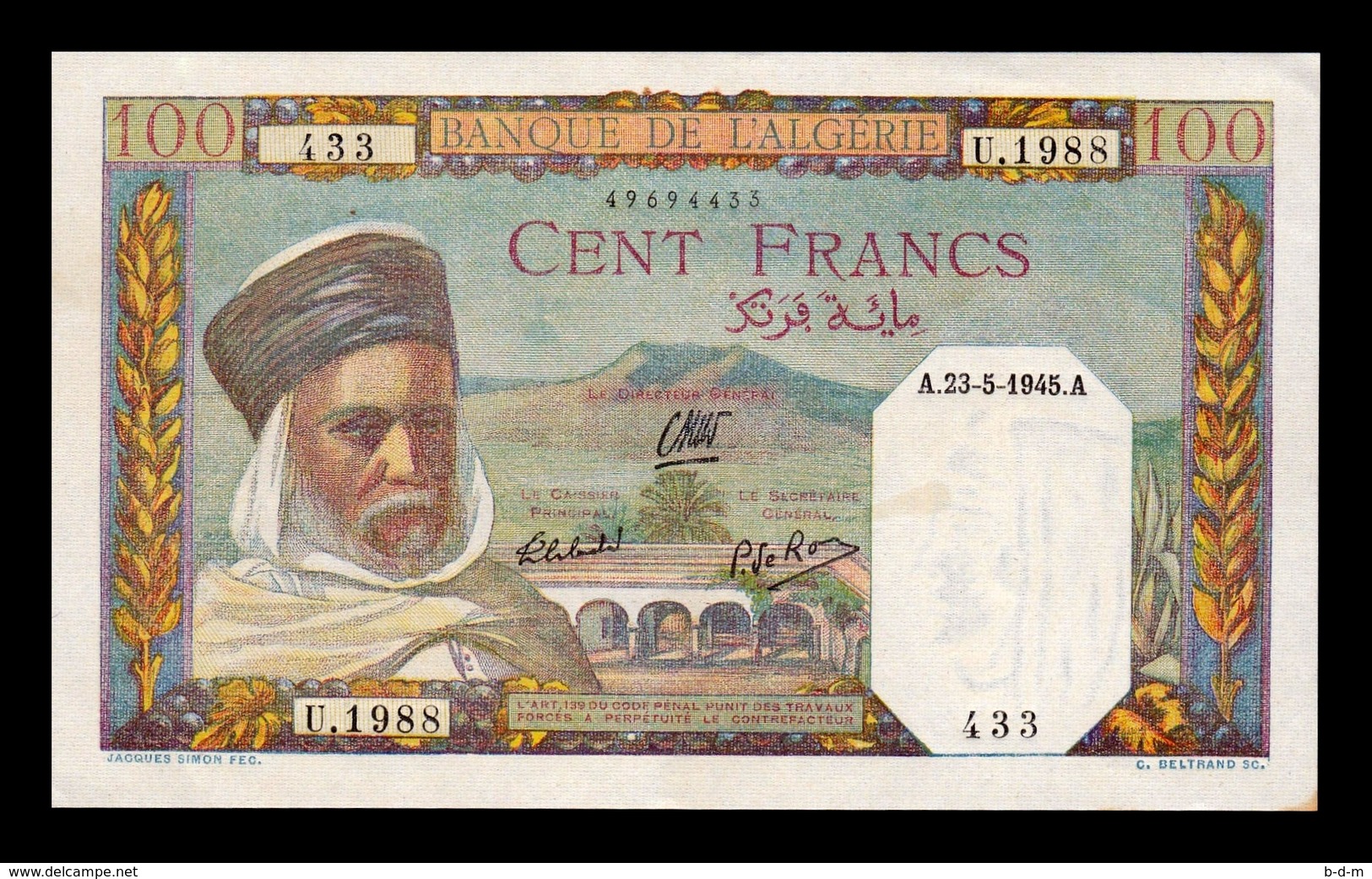 Argelia Algeria 100 Francs 1945 Pick 85 SC- AUNC - Argelia