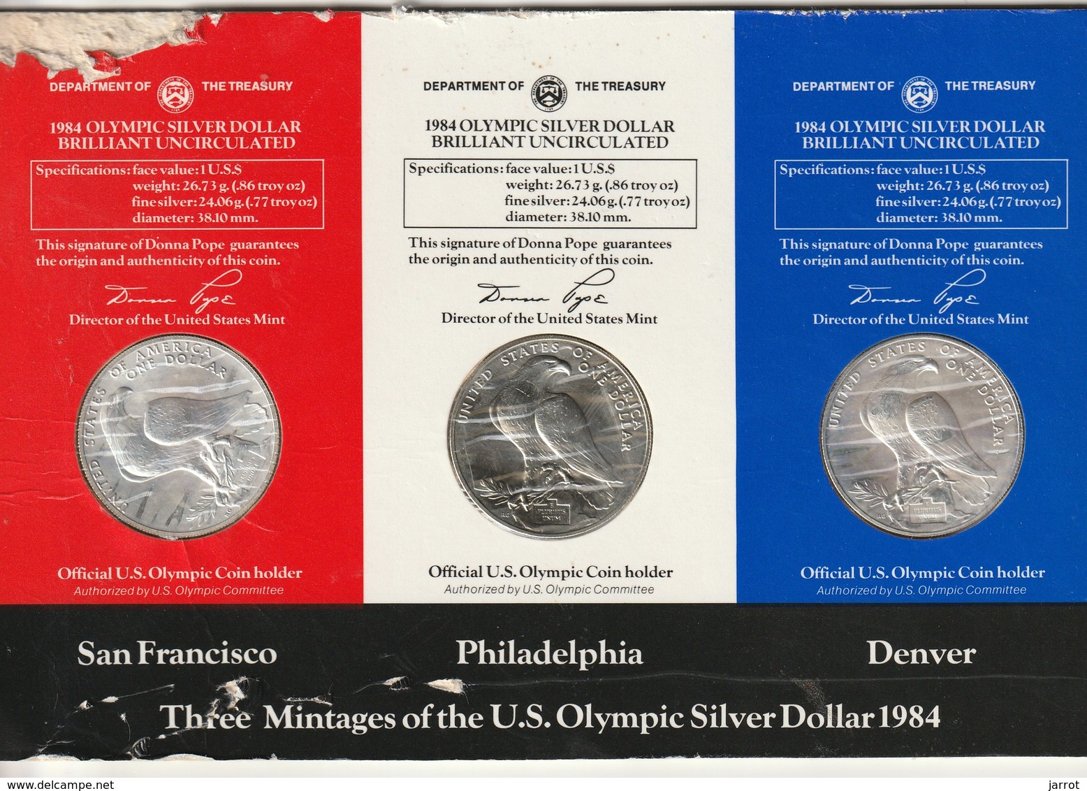 Three Mintage Of The U.S. Olympic Silver Dollar 1984 Uncirculated Frappe S, P, Et D, - 1979-1999: Anthony