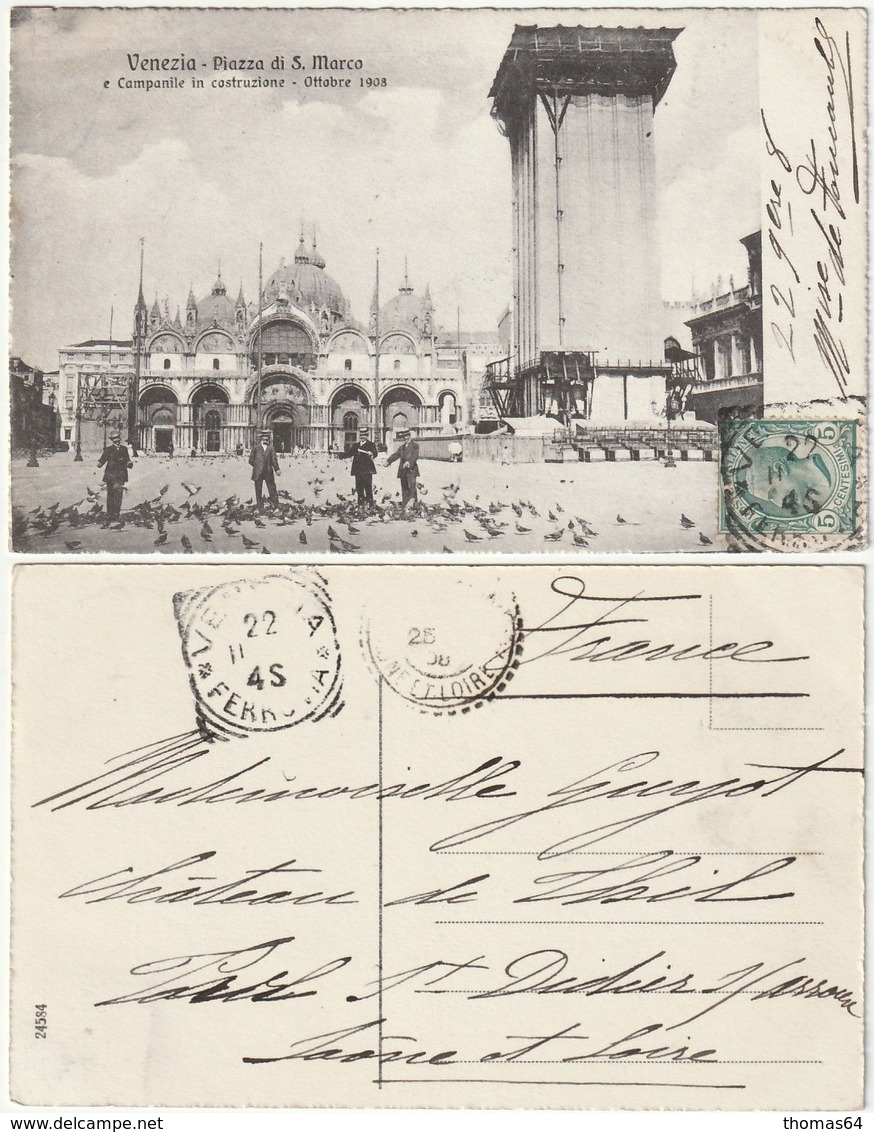 VENEZIA - PIAZZA DI S. MARCO E CAMPANILE IN COSTRUZIONE - OTTOBRE 1908 - VIAGG. 1908 -45540- - Venezia