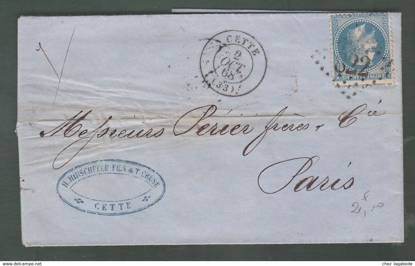 Oblit. () Cachet Losange Gros Chiffres "822" "Cette" Sur Napoléon Lauré 20c Bleu - 2 Oct. 1868 - 1849-1876: Periodo Classico