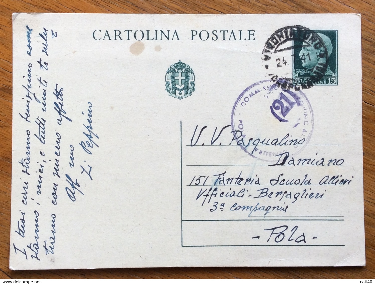 COMMISSIONE DI CENSURA ( 21 ) Su  CARTOLINA POSTALE 15 C. DA VINCHIATURO * CAMPOBASSO * 24/7/41 - Trieste (Triest)