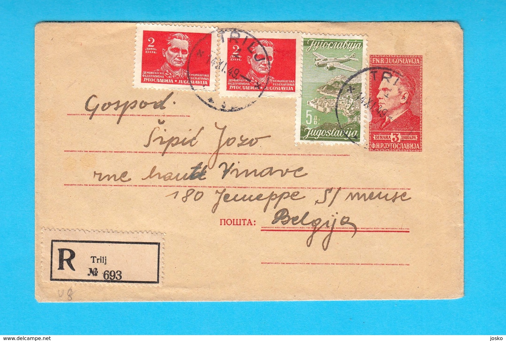 YUGOSLAVIA OLD REGISTERED LETTER - Travelled 1949. From Kosute - Trilj ( Sinj ) To Jemeppe-sur-Meuse (Seraing) Belgium - Covers & Documents