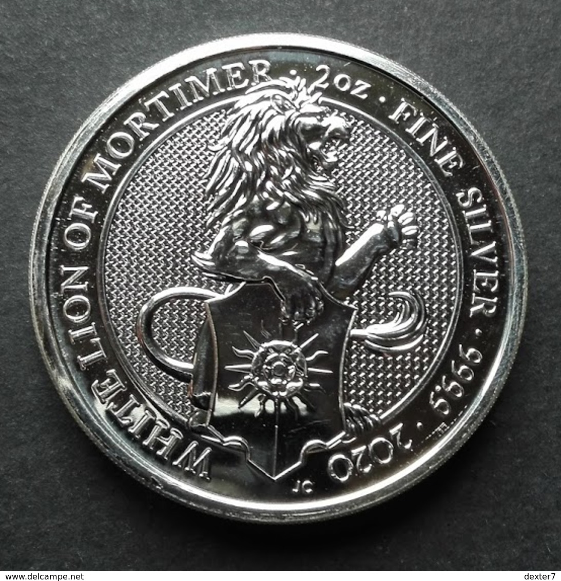 United Kingdom, Queen's Beasts 2 Oz 2020 Silver 9999 White Lion Of Mortimer - 2 Once Argento Puro Bullion UK England - 5 Pounds