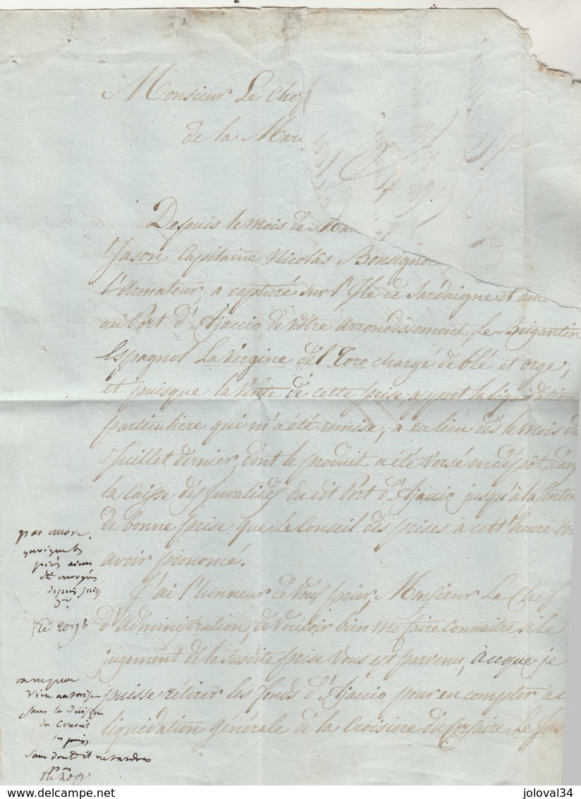 Département Conquis Lettre Marque Postale 87 GENES  Pour Chef Administration Marine à Toulon - Entête Déchirée ( Scan 2 - 1792-1815: Départements Conquis