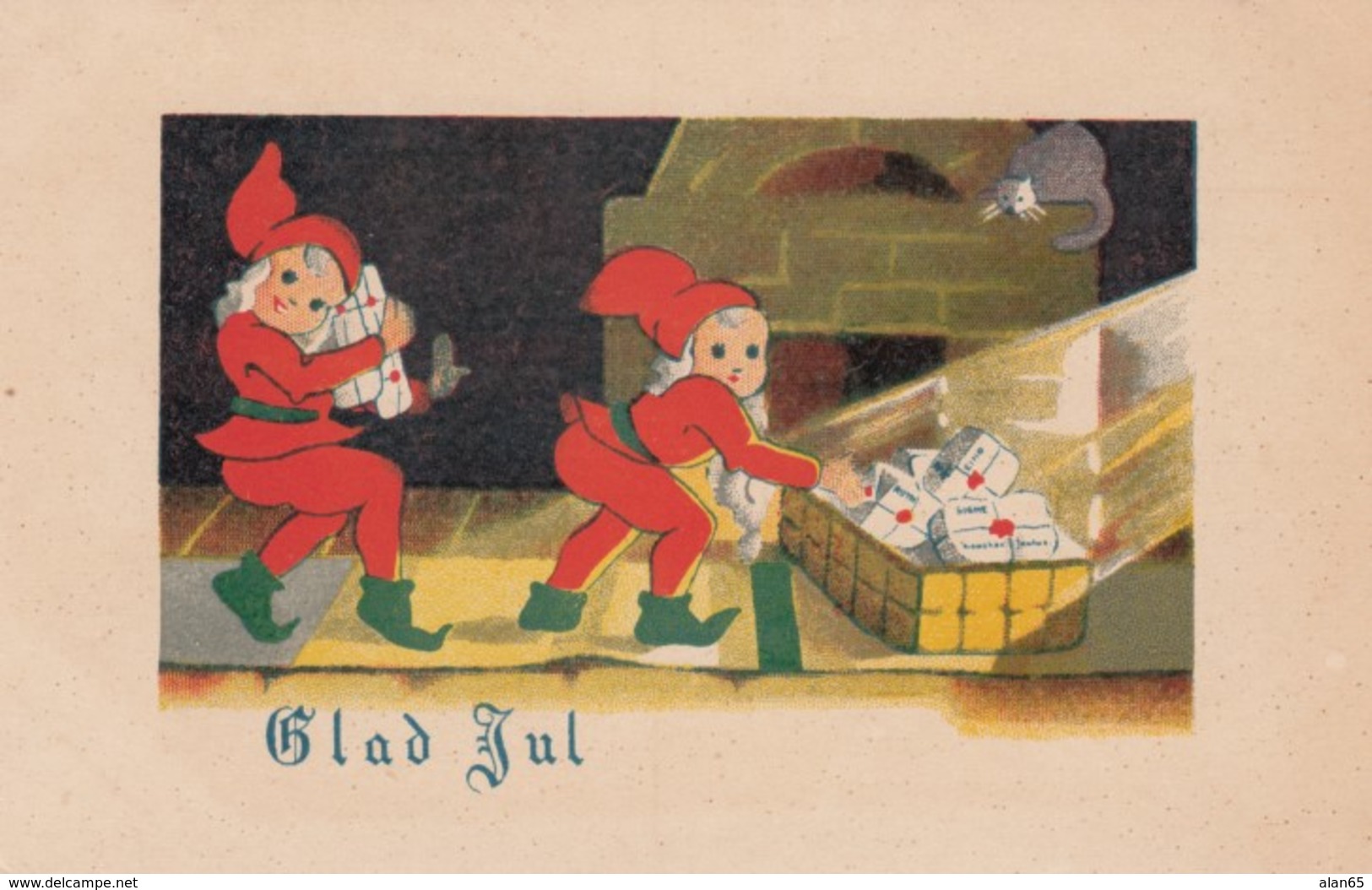 Glad Jul Merry Christmas, Elves Bring Presents Artist Image, C1920s/30s Vintage Postcard - Other & Unclassified