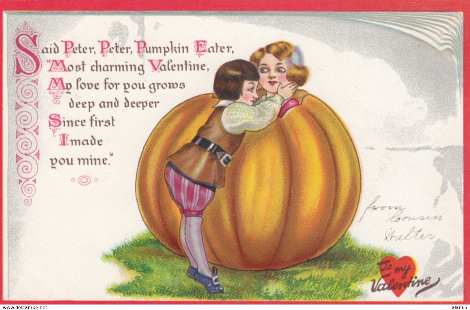 Valentine's Day, Pumpkin Tucks 'Little Nursery Lovers' #9, C1900s Vintage Postcard - Valentine's Day