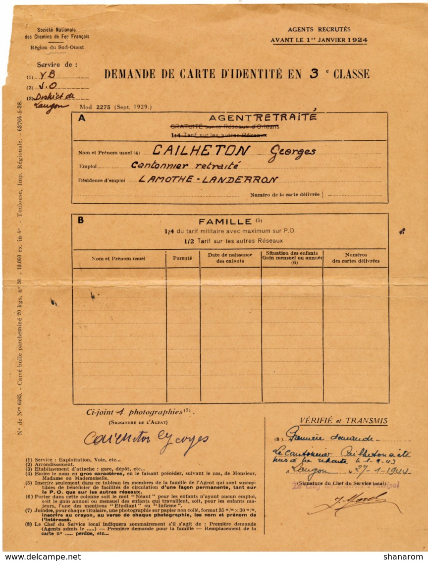 1944 // SNCF // Demande De Carte D'identitée // 3 E CLASSE - Chemin De Fer